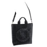 Black logo tote crossbody view with adjustable strap and top handles