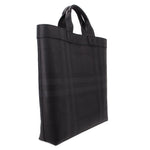 Black tote bag side profile with structured edges and top handle