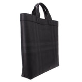 Black tote bag side profile with structured edges and top handle