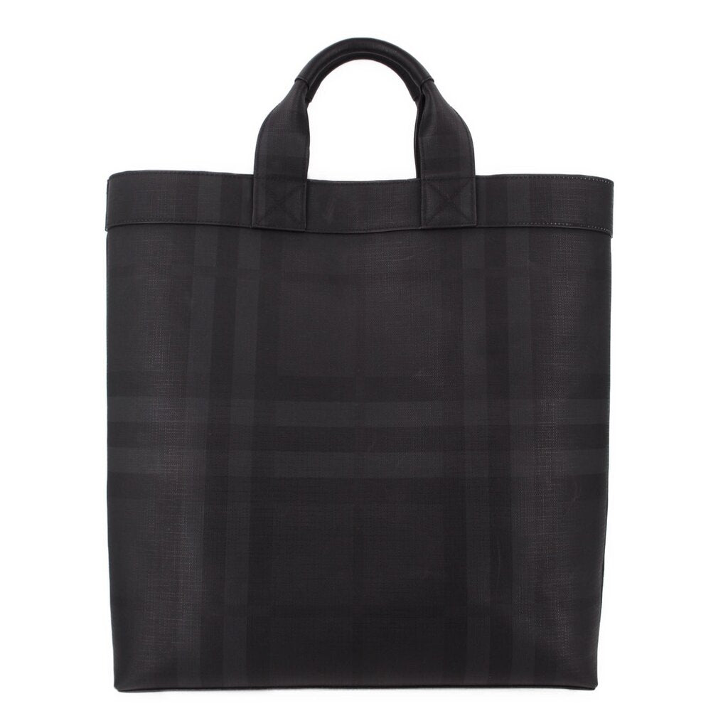 Black tote bag with top handles and debossed logo pattern