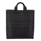 Black tote bag with top handles and debossed logo pattern