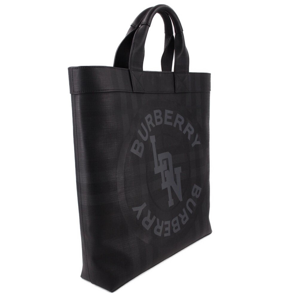 Burberry logo graphic tote crossbody bag in black, side view with partial logo