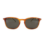 Tortoise sunglasses with dark lenses, wayfarer frame