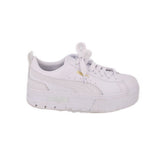White PUMA Mayze Classic platform sneakers, side view with Puma logo and lace-up