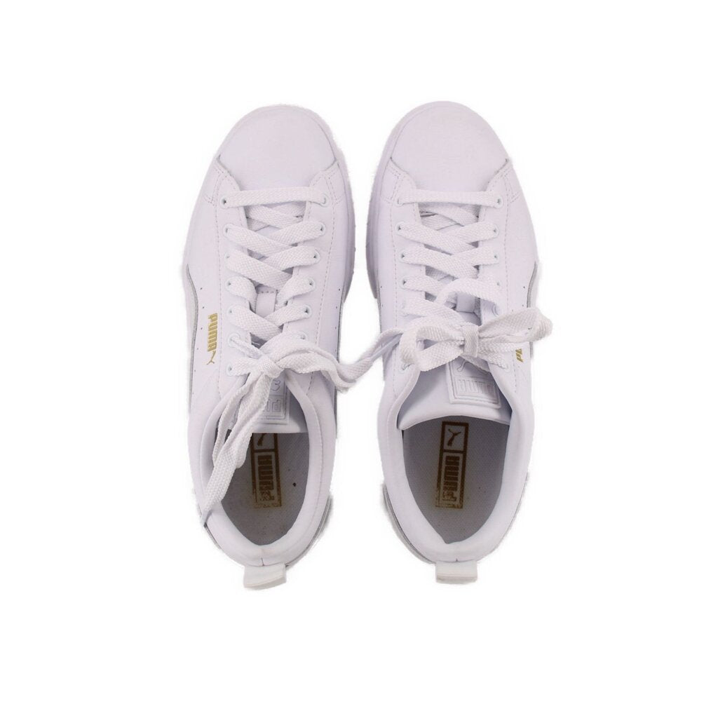 White PUMA Mayze Classic platform sneakers, top view of laces and padded tongues
