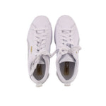 White PUMA Mayze Classic platform sneakers, top view of laces and padded tongues