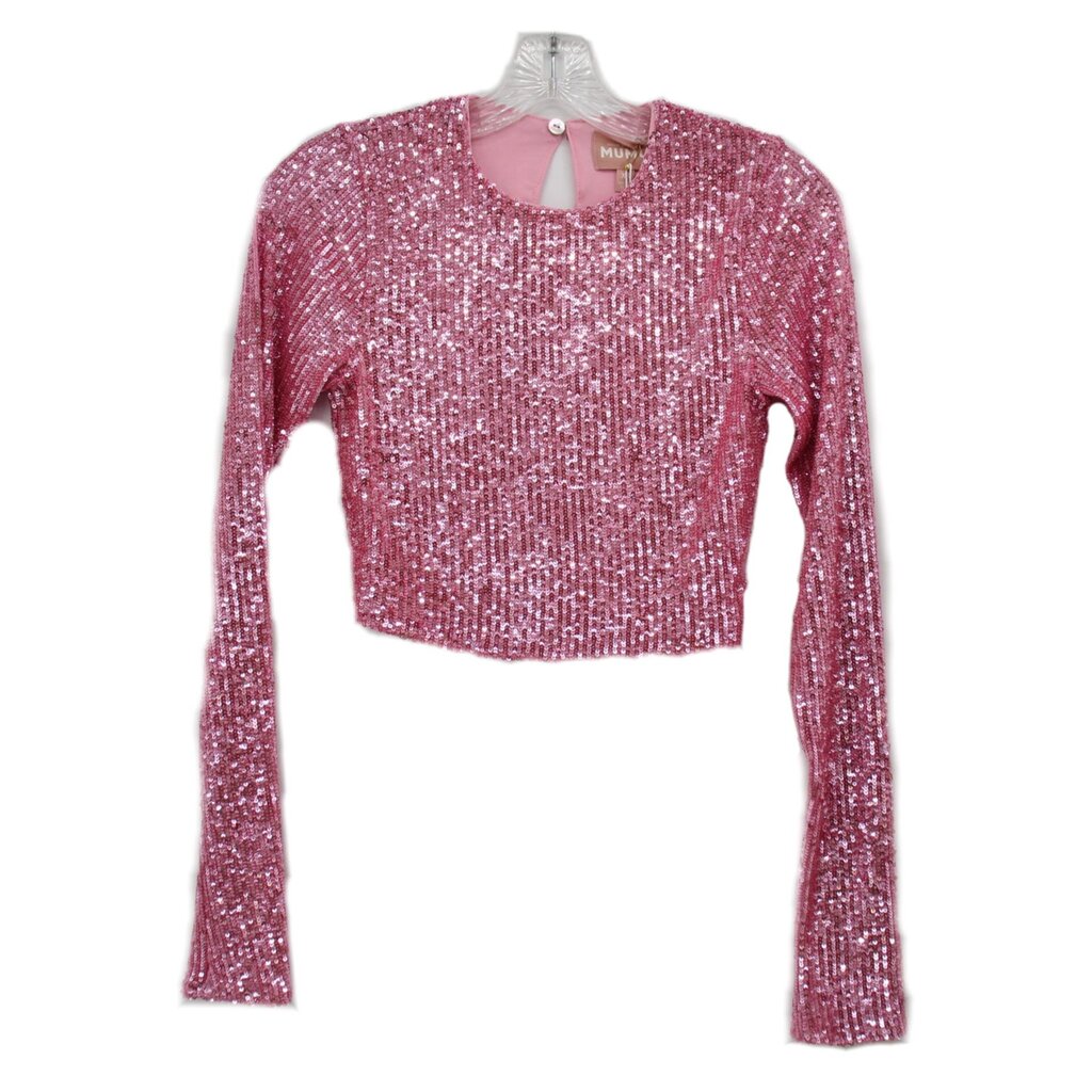 Pink sequined crop top with long sleeves and round neck