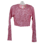 Pink sequined crop top with long sleeves and round neck