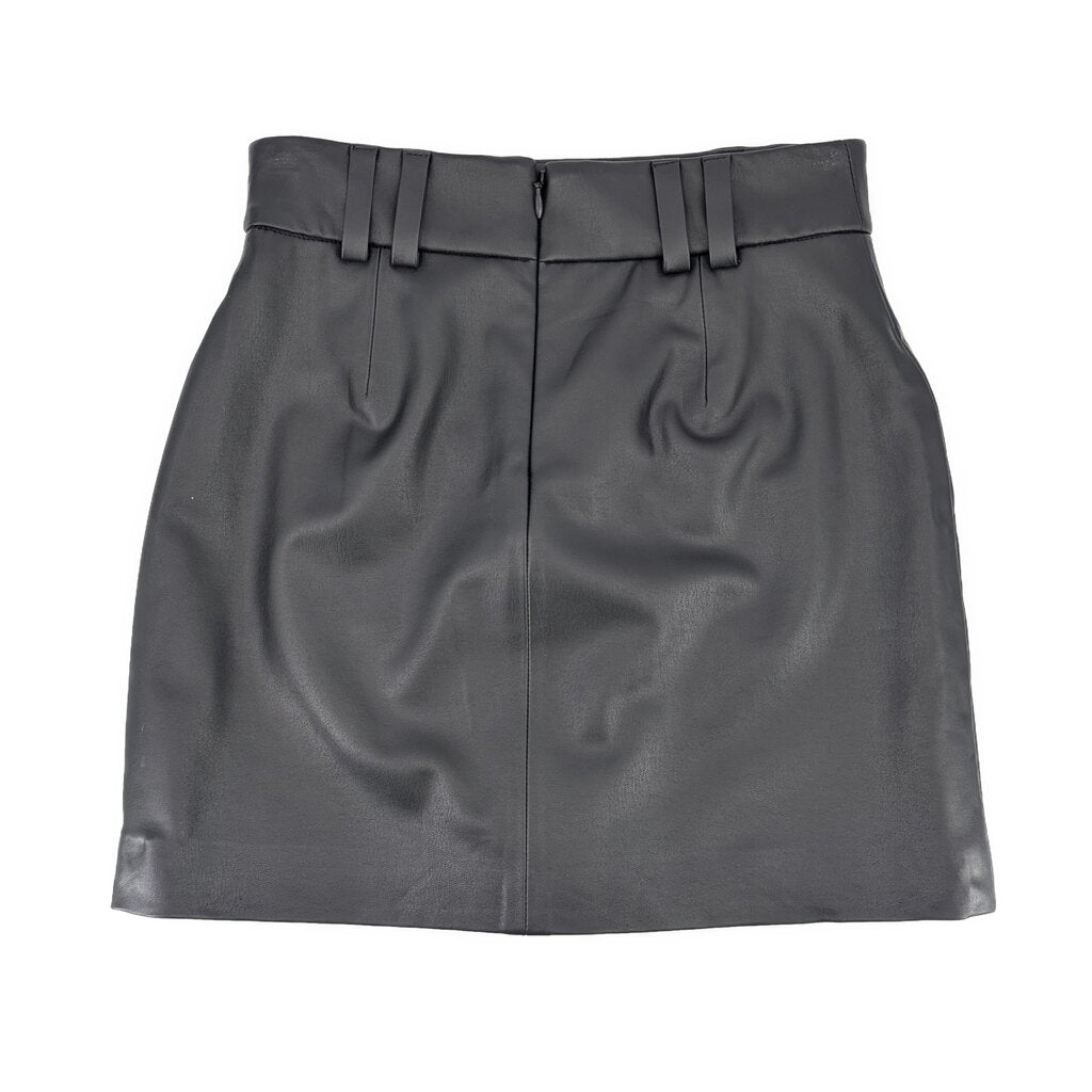 Black faux leather mini skirt with structured waistband and center seam