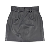 Black faux leather mini skirt with structured waistband and center seam