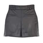 Black faux leather skirt with buckle waistband, front slit, and panel seams