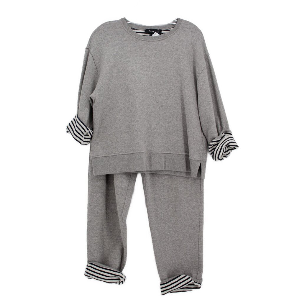Gray two-piece sweater and pants set with striped ribbed cuffs
