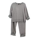 Gray two-piece sweater and pants set with striped ribbed cuffs