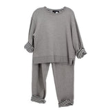 Gray two-piece sweater and pants set with striped ribbed cuffs