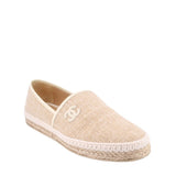 Cream CHANEL espadrille flat with woven fabric and CC logo at vamp