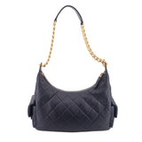 CHANEL large shoulder bag with dark navy quilted leather body and gold chain strap