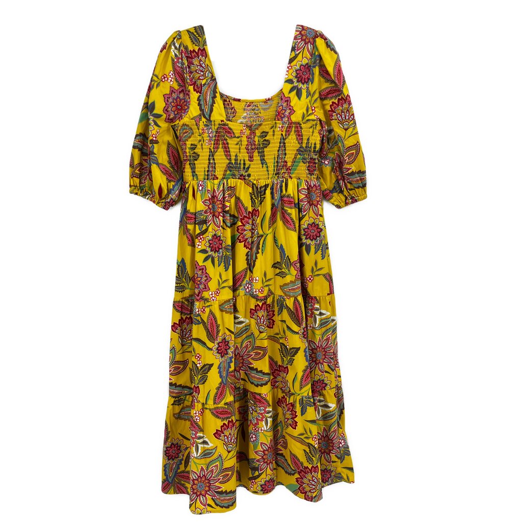 Floral print yellow dress with gathered waist, square neckline, short sleeves
