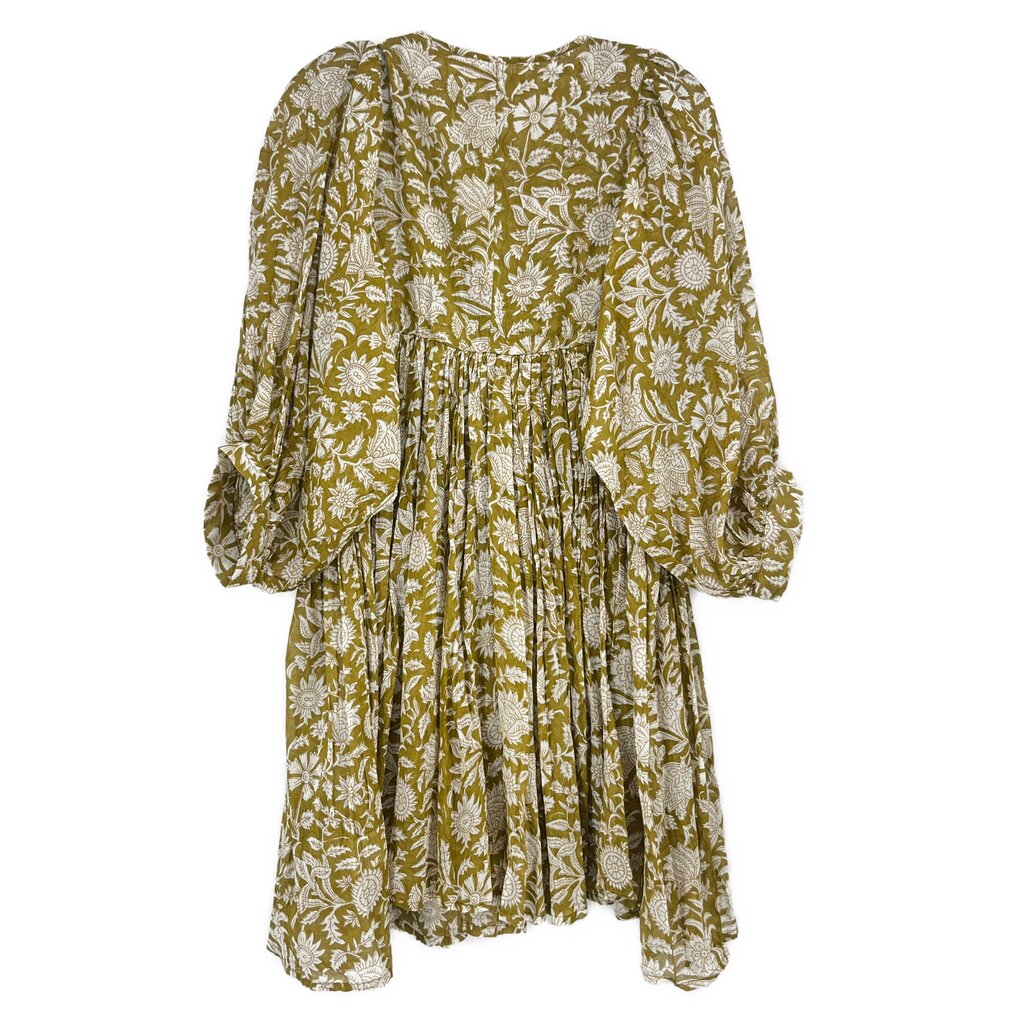 Green floral print dress with long sleeves, gathered back yoke and pleated skirt