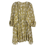 Green floral print dress with long sleeves, gathered back yoke and pleated skirt