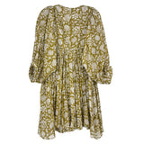 Green floral print dress with long sleeves, gathered back yoke and pleated skirt