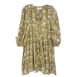 Girls' green printed dress with long puff sleeves and pleated gathered skirt