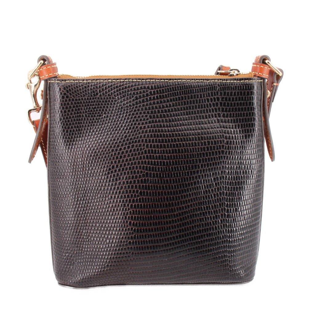 Black letter carrier shoulder bag with textured pattern and tan-trim top edge