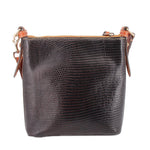 Black letter carrier shoulder bag with textured pattern and tan-trim top edge