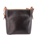 Black letter carrier shoulder bag with textured pattern and tan-trim top edge
