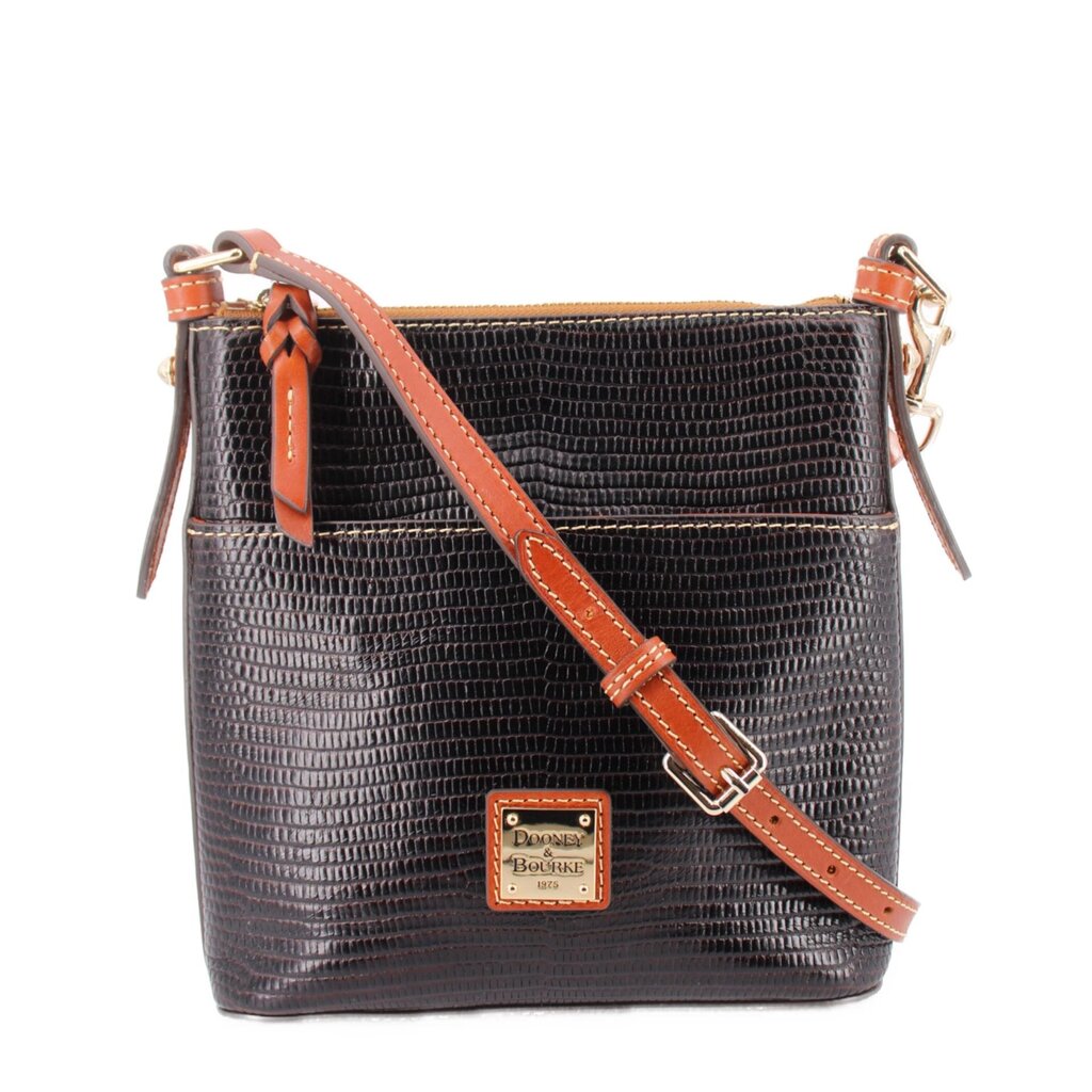Black letter carrier shoulder bag with textured finish, tan trim, front logo patch