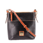 Black letter carrier shoulder bag with textured finish, tan trim, front logo patch