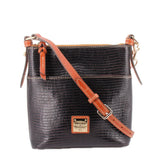 Black letter carrier shoulder bag with textured finish, tan trim, front logo patch