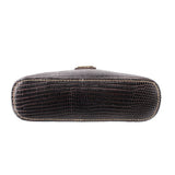 Black textured bag side view with tan piping and top zipper pull