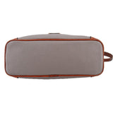 Taupe pebbled leather crossbody, front panel with top zip and brown-edged trim
