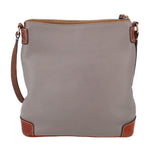 Taupe pebbled leather crossbody with top zip, brown corner feet, and strap tabs