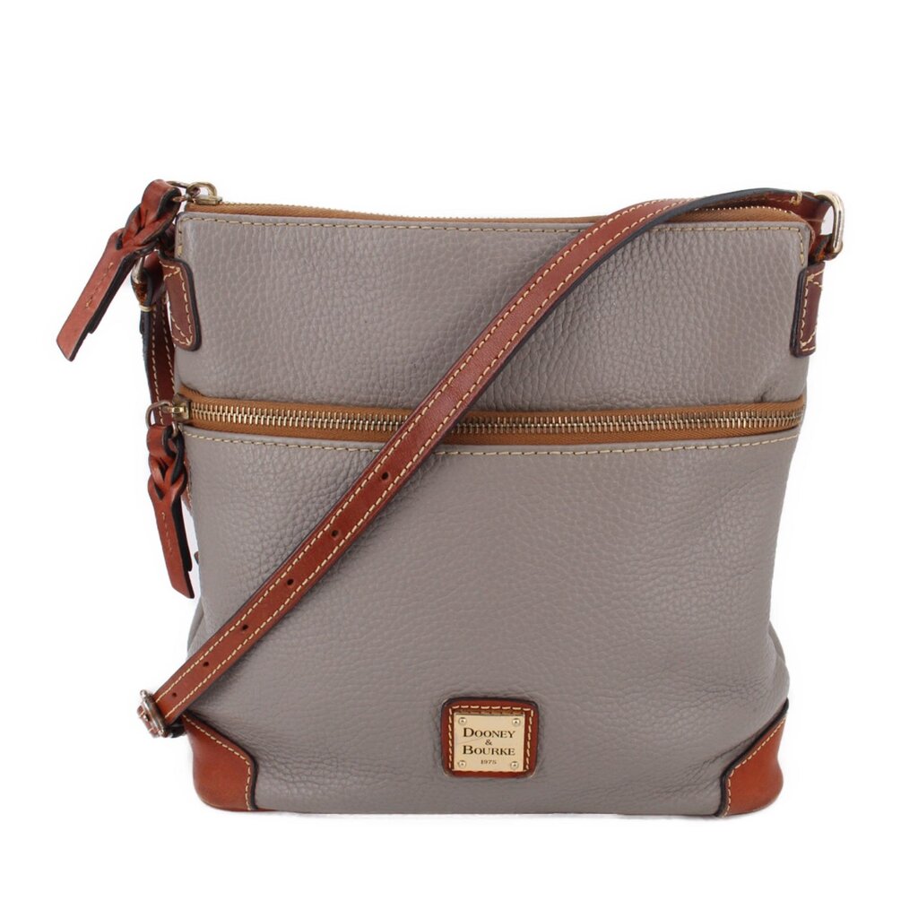 Taupe pebble-grain crossbody bag with zip, brown trim, and adjustable strap