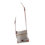 Taupe crossbody bag with long adjustable strap and brown leather base trim