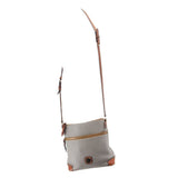 Taupe crossbody bag with long adjustable strap and brown leather base trim