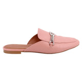 COACH pink mule loafers, side view with chain-link strap and flat wooden heel