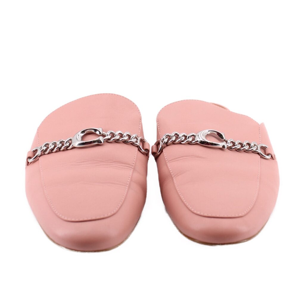 COACH pink mule loafers, top view with chain-link hardware at the instep
