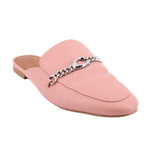 COACH pink mule loafers with chain-link detail across the vamp