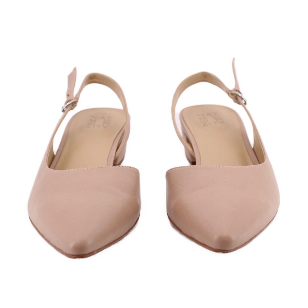 Nude slingback pumps with ankle strap and closed pointed toe
