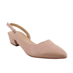 Nude slingback heel with curved toe and adjustable buckle strap