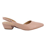 Nude slingback low block heel with open-back strap and buckle