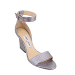 Silver sparkle open-toe heeled sandal with ankle strap and buckle