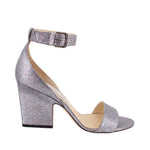 Silver glitter heeled sandals with wide ankle strap and buckle, open toe