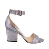 Silver glitter heeled sandals with wide ankle strap and buckle, open toe