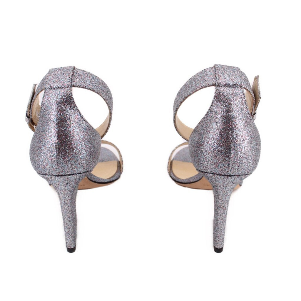 Silver glitter stiletto heeled sandals, rear view with thin high heel