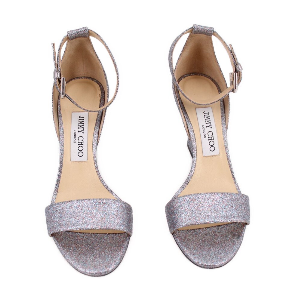 Silver sparkle open-toe heeled sandals with ankle strap and buckle