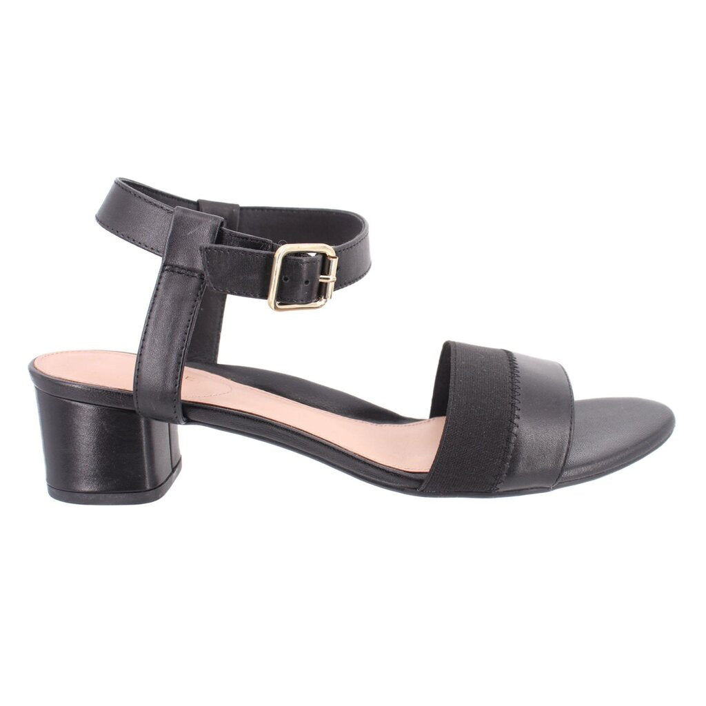 Black ankle-strap sandals with open toe, thick block heel, adjustable buckle