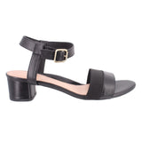 Black ankle-strap sandals with open toe, thick block heel, adjustable buckle